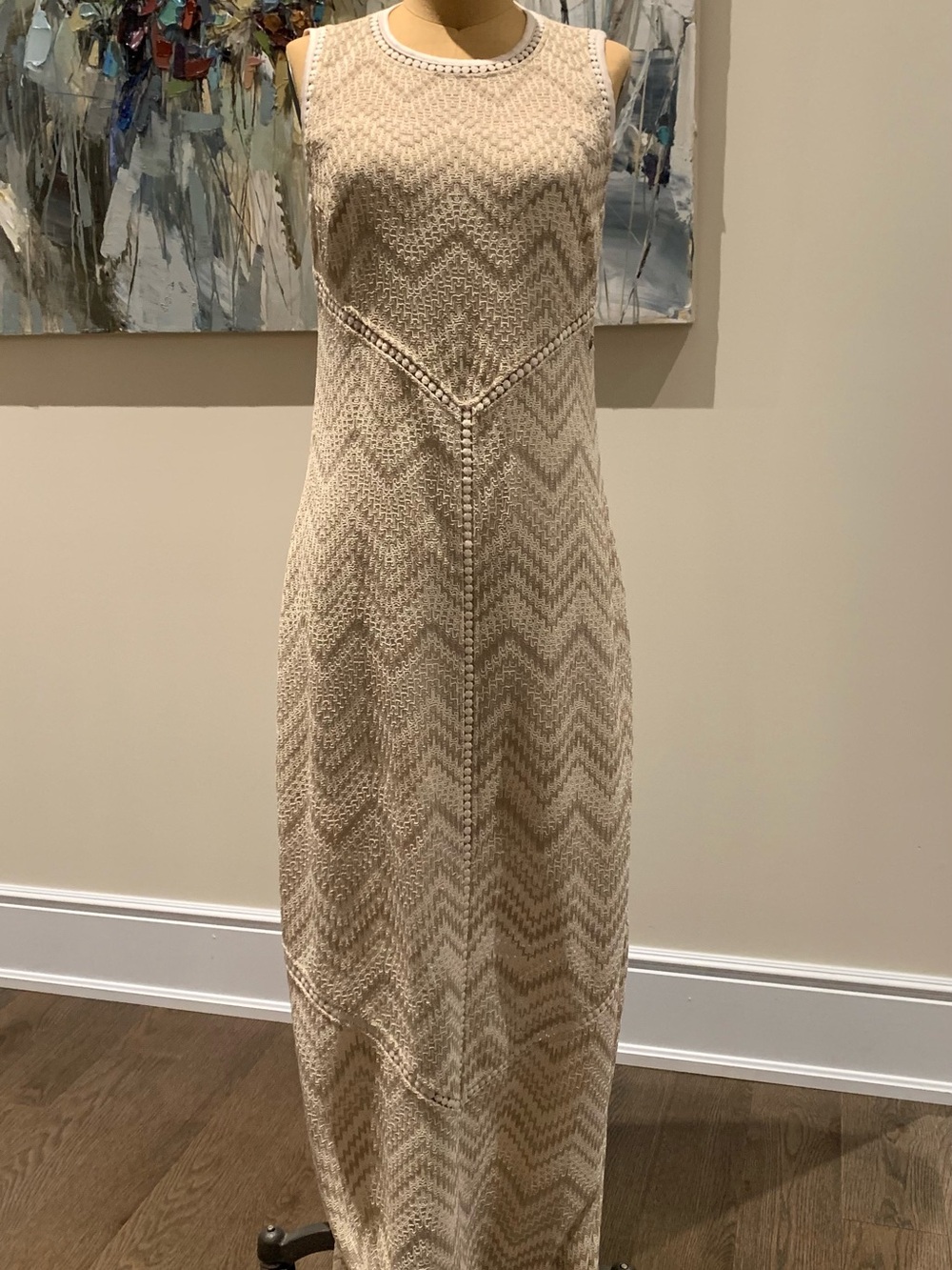 Guess Cream Chevron Knit Sleeveless Maxi Dress